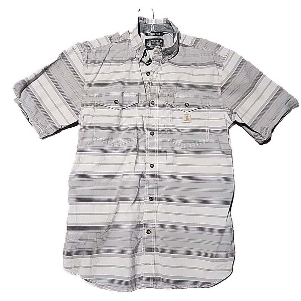 Carhartt Rugged Flex Short Sleeve Shirt Mens Medium Gray Stripe Relaxed Fit